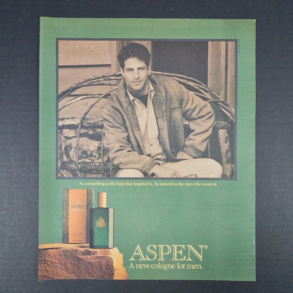 1989 Aspen Cologne‎ For Men Vintage Print Ad Bomber Jacket Bent Wood Bench Shop